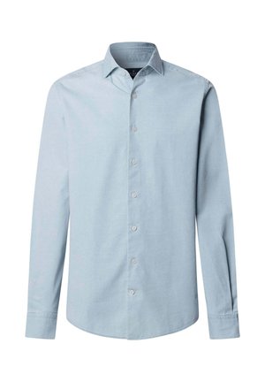 Lichtblauw overhemd met lange mouwen, klassieke kraag en zeven knopen aan de voorkant.