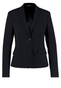Blazer noir cintré avec deux boutons devant, col à revers cranté et deux poches à rabat à la taille.