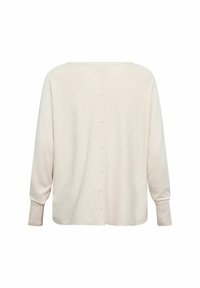 Hellbeige Pullover mit langen Ärmeln aus weichem Material, mit geradem Schnitt, runder Halslinie und einem Knopfverschluss auf der Rückseite mit gleichmäßig verteilten Knöpfen.