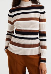 Maglione a collo alto a coste con righe orizzontali in beige, marrone, nero e bianco. Design aderente con maniche lunghe e finitura texture.