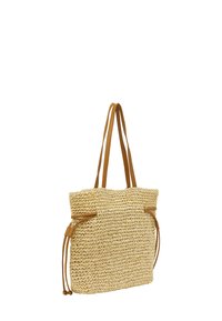 Geweven stro-tas in lichtbeige met bruin leren hengsels. Voorzien van trekkoordsluitingen en een rechthoekige vorm. Structuur, duurzaam materiaal.