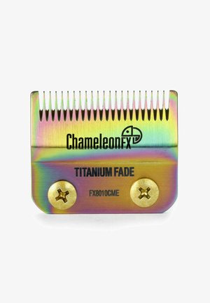 ChameleonFX Titanium Fade hair clipper blade with rainbow titanium finish and two gold-colored screws, model FX8010CME.