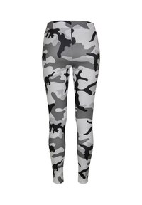 Szürke terepmintás leggings magas derekú fazonban, fekete, szürke és fehér szabálytalan mintákkal, rugalmas anyagból készült.