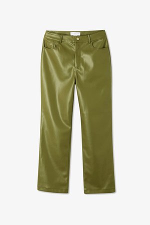 Olive zelena, hlače iz umetnega usnja visoko pasu z gladko teksturo, štirimi žepi in sprednjo zaponko. Oblikovanje naravnih hlač.
