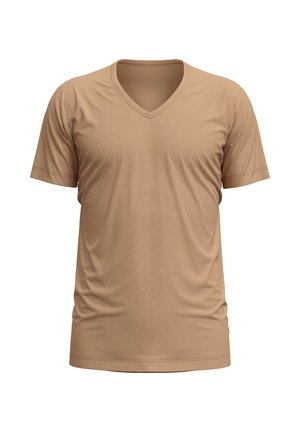 Beige V-Ausschnitt-T-Shirt aus weichem, glattem Material; kurze Ärmel mit lockerer Passform, ausgestattet mit einem einfachen, minimalistischen Design.