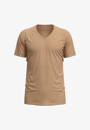 Beige V-hals t-shirt gemaakt van zachte, gladde stof; korte mouwen met een relaxte pasvorm, met een eenvoudig, minimalistisch ontwerp.