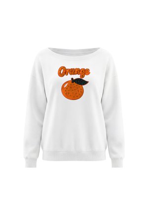 Hvid langærmet sweatshirt med en orange grafik og ordet "Orange" over det med orange bogstaver foran.