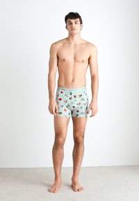 Lyseblå boxerbriefs med et flerfarget fruktmønster, laget av myk stoff, med en behagelig elastisk midjebånd.