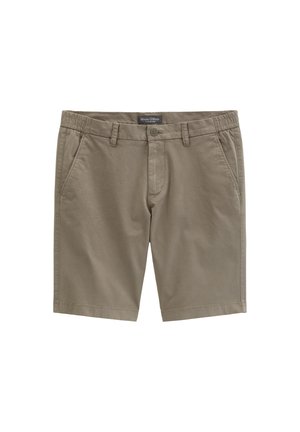 Khaki színű férfi hétköznapi rövidnadrág gombbal, cipzáras záródással, rugalmas oldalsó derékpántokkal, első zsebekkel és övbújtatókkal.
