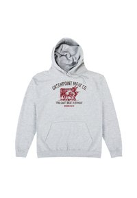Felpa grigia in cotone con tasca frontale. Presenta una grafica con testo rosso scuro che dice "GREENPOINT MEAT CO." e un'immagine di bestiame.