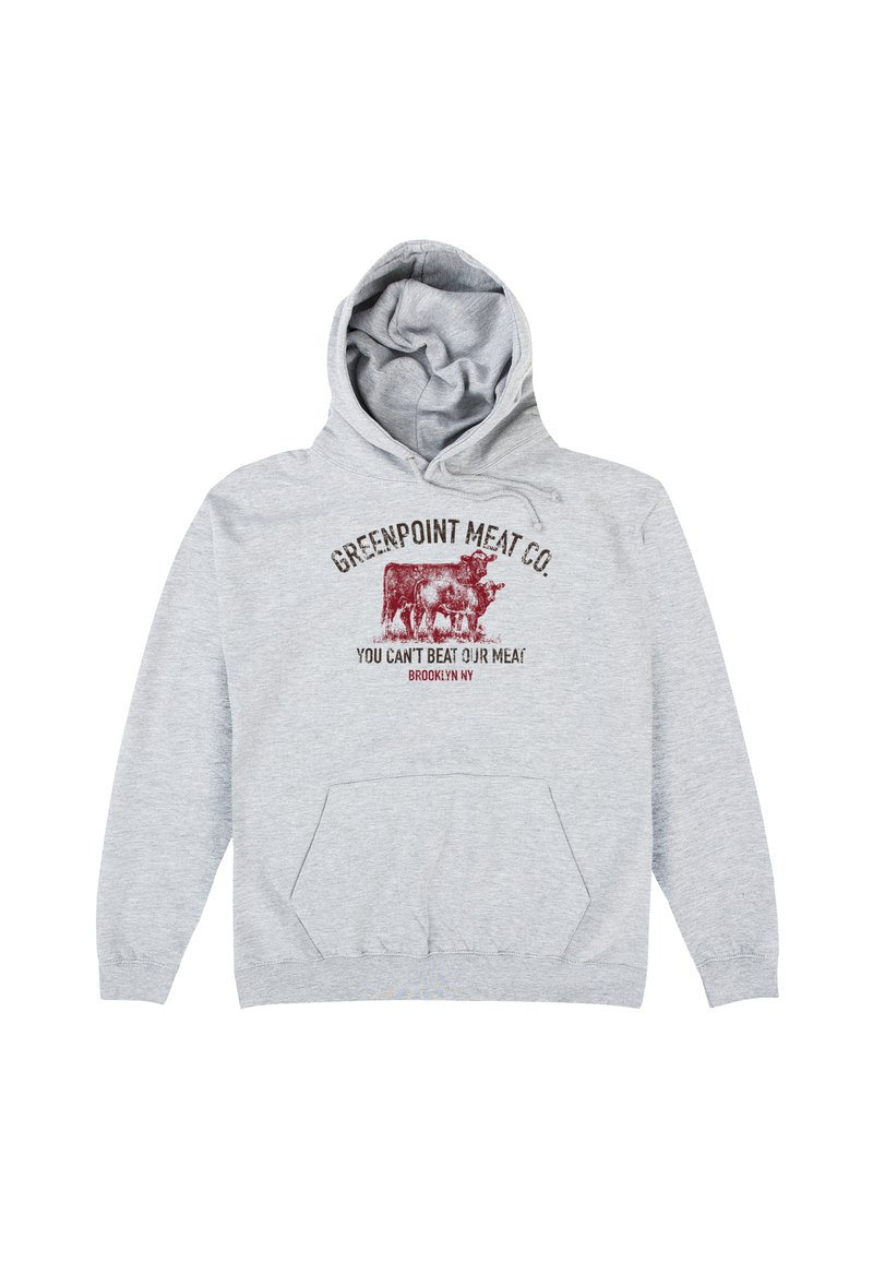 Felpa grigia in cotone con tasca frontale. Presenta una grafica con testo rosso scuro che dice "GREENPOINT MEAT CO." e un'immagine di bestiame.