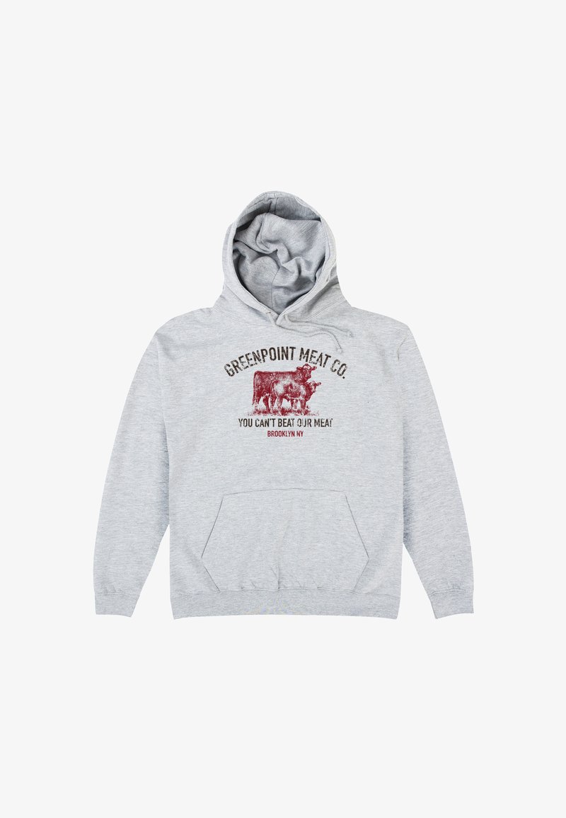 Felpa grigia in cotone con tasca frontale. Presenta una grafica con testo rosso scuro che dice "GREENPOINT MEAT CO." e un'immagine di bestiame.