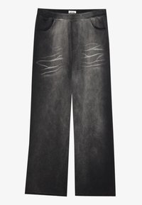 Schwarz-braune Denim-Hosen mit weitem Bein und glatter Textur, ausgestattet mit Vordertaschen und abgenutzten Details an den Oberschenkeln.