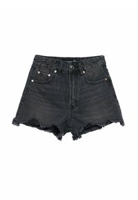 Zwarte denim shorts met hoge taille, rafelige zoom en vijf-pocket ontwerp. Heeft zilverkleurige hardware en een vervaagde textuur.