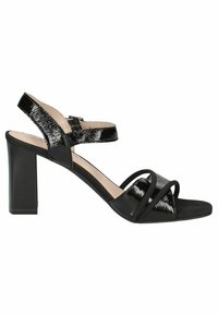 Sandale negre cu toc înalt, cu suprafață lucioasă din patent, curele încrucișate și toc bloc. Design cu vârf deschis, cu o textură netedă.