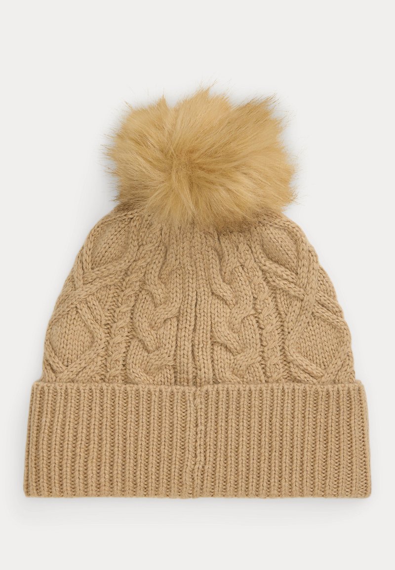Ralph Lauren Women’s Knit Logo Beanie‎ with Faux Fur Pom Pom Camel Cream NWT Lauren Ralph Lauren CREST PATCH POM POM CABLE KNIT BEANIE  main image 4