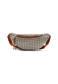 Marsupio realizzato in tessuto fantasia blu, beige e marrone, con rifiniture in zip marrone e tracolla regolabile marrone.