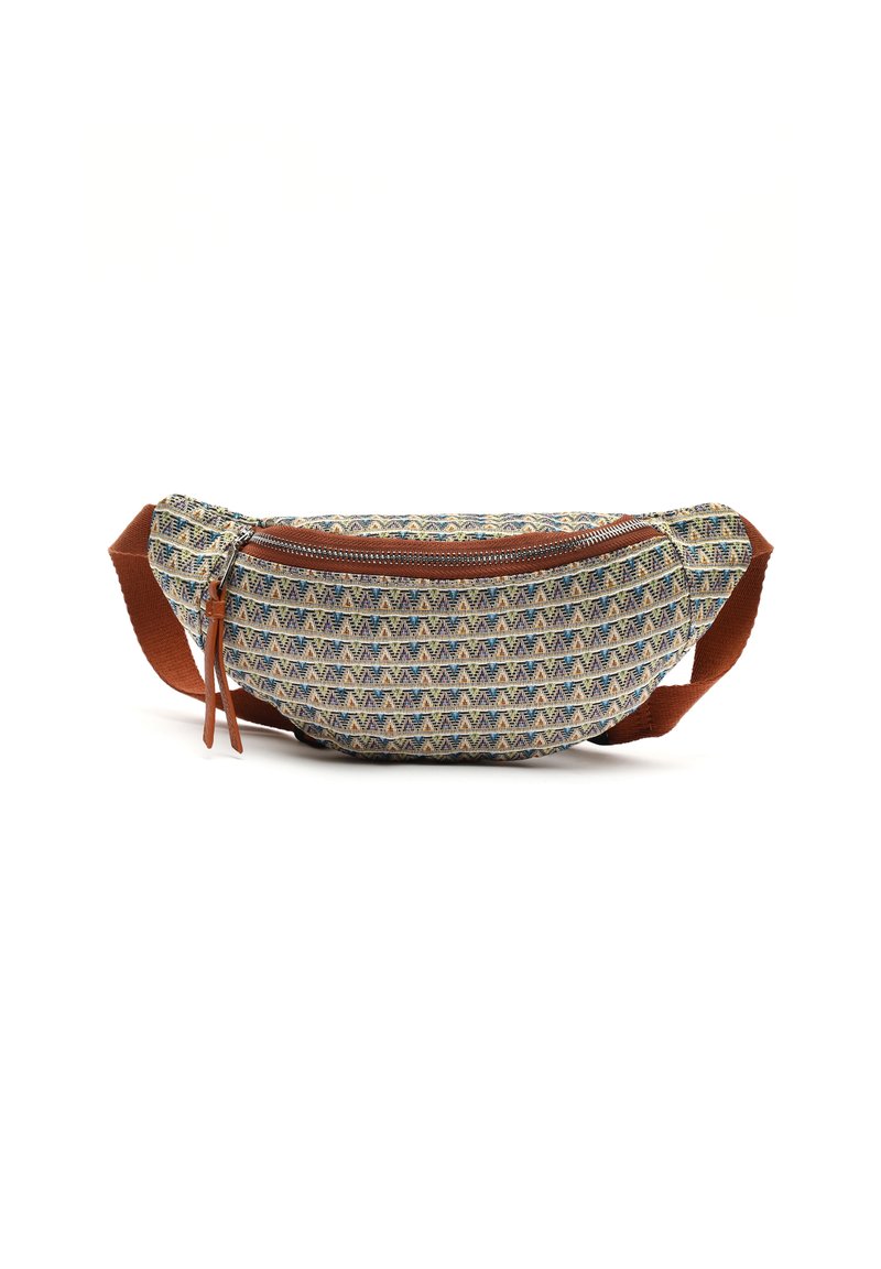 Marsupio realizzato in tessuto fantasia blu, beige e marrone, con rifiniture in zip marrone e tracolla regolabile marrone.