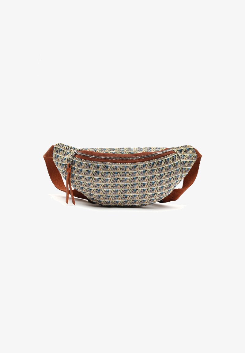 Fanny pack made of patterned fabric in blue, beige, and brown, featuring a brown zipper trim and adjustable brown strap.
