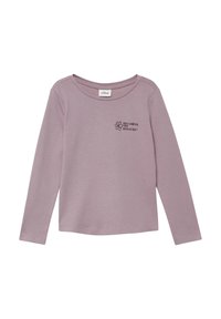 Lange mouwen, lichtpaars shirt gemaakt van zachte stof, met een ronde halslijn en geborduurde tekst met een bloemenontwerp op de borst.