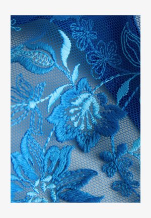 Blauwe geborduurde bloemenkant met ingewikkelde patronen op een fijne gaasachtergrond. Kenmerkt variërende tinten blauw en gedetailleerde stitching.