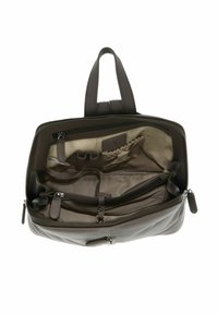 Sac à main en cuir gris foncé avec deux poignées, plusieurs compartiments dont des poches zippées, et une doublure intérieure dans une teinte plus claire.