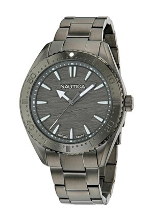 Orologio in metallo con quadrante grigio scuro texturizzato, indici orari luminosi e cinturino in acciaio inossidabile abbinato. Resistente all'acqua fino a 100 metri.