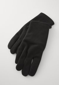 Black fleece gloves with a soft texture, featuring a snug fit and a slightly extended cuff for warmth and protection against cold.