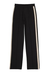 Zwarte broek met een rekbare tailleband, voorzien van twee verticale crèmekleurige strepen aan de zijkanten en ritszakken aan de voorkant.