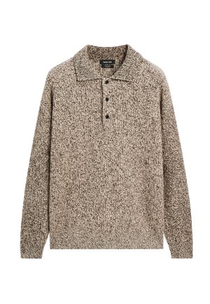 Pullover sweater in a textured knit, featuring a collared neckline, five-button placket, and a neutral brown color with varying shades.