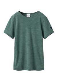 Kortærmet grøn T-shirt med rund hals og et lille stofmærke på venstre ærme, designet til børn i alderen 4-6 år.