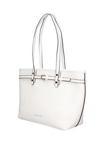 Borsa tote bianca con bordi neri, due manici lunghi e una forma strutturata. Presenta un dettaglio con fibbia e un logo impresso sul fronte.