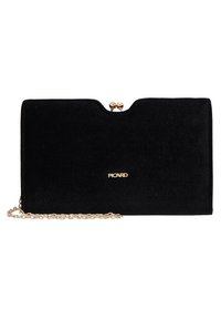 Clutch in velluto nero con hardware dorato. Presenta una parte superiore curva, una tracolla a catena e un dettaglio con logo sulla parte anteriore. Texture liscia, design elegante.