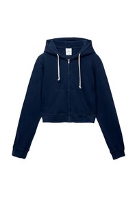 Felpa cropped blu navy con zip, dotata di lacci bianchi e tasche anteriori, maniche lunghe e polsini a coste.