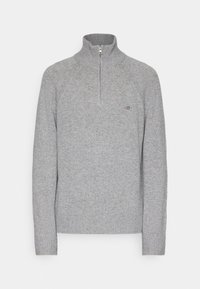 Pull gris zippé avec un col haut, des manches raglan, des poignets et un ourlet côtelés, arborant un petit logo rouge et bleu sur la poitrine.