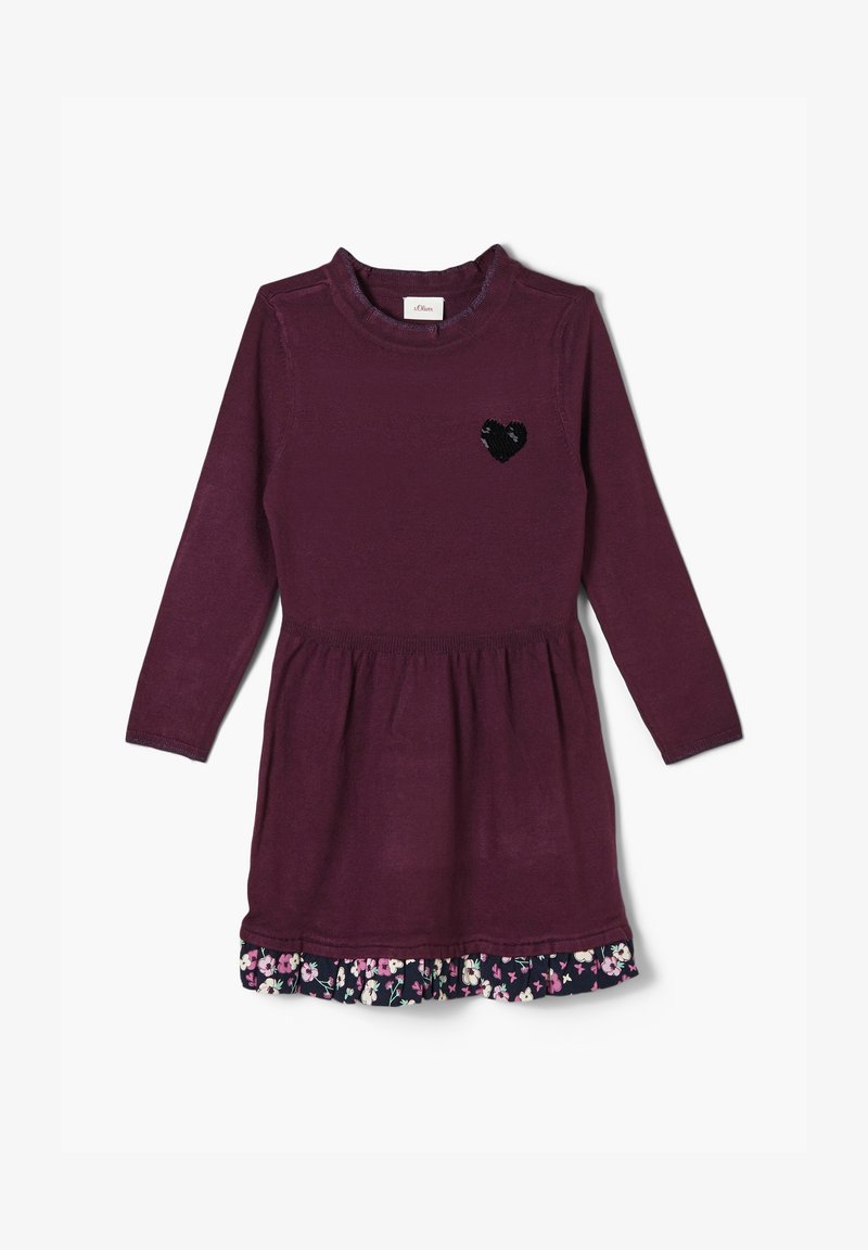 Langes lila Kleid mit einem taillierten Oberteil, gerafftem Rock und floralen Rüschendetails am Saum. Verfügt über einen schwarzen Pailletten-Herzausschnitt.