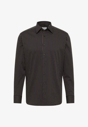 Camicia nera con bottoni, a righe verticali marroni, maniche lunghe, colletto aperto e polsini con bottone. Tessuto liscio con una vestibilità moderna.