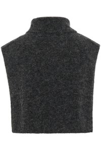 Gilet en laine gris avec col haut, design court, surface texturée et sans fermetures ni embellissements visibles.