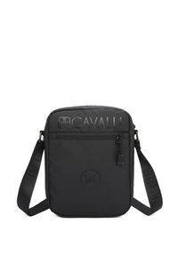 Borsa a spalla nera in nylon con logo impresso, tasca anteriore con zip, tracolla regolabile e una texture liscia dal design minimalista.