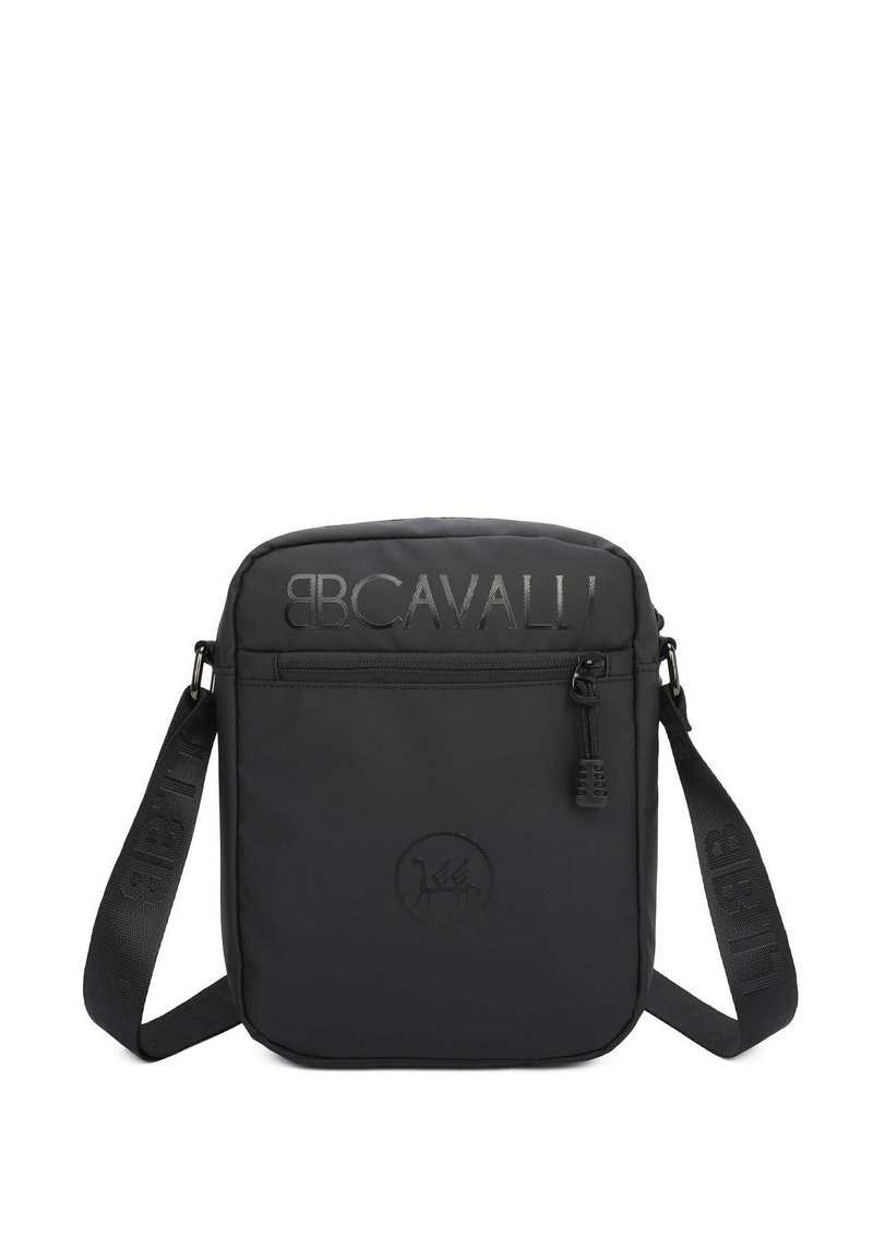 Borsa a spalla nera in nylon con logo impresso, tasca anteriore con zip, tracolla regolabile e una texture liscia dal design minimalista.
