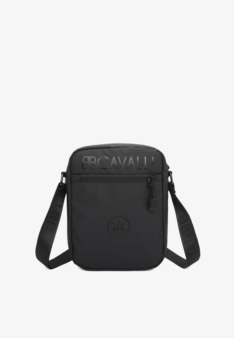 Borsa a spalla nera in nylon con logo impresso, tasca anteriore con zip, tracolla regolabile e una texture liscia dal design minimalista.