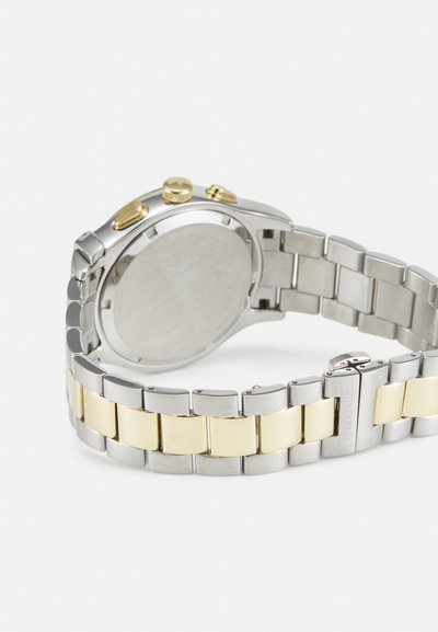Stainless steel watch with a two-tone bracelet of silver and gold accents. Features a round case, three push buttons, and a smooth texture.