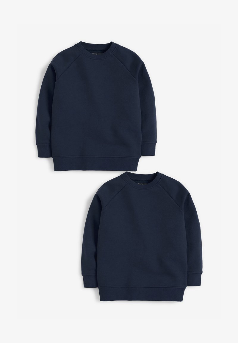 Sweatshirts en coton bleu marine avec des manches raglan, des poignets et des ourlets côtelés. Deux styles identiques empilés, présentant une texture lisse.