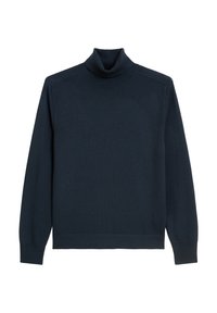 Maglione girocollo blu navy, realizzato in tessuto a maglia liscia. Presenta maniche lunghe e polsini e orlo a coste per un fit confortevole.