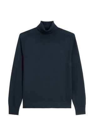 Marinefarbener Rollkragenpullover aus glattem Strickstoff. Verfügt über lange Ärmel sowie gerippte Bündchen und Säume für eine bequeme Passform.