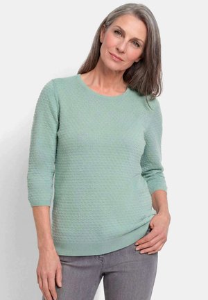 Vrouw met lang grijs haar, gekleed in een gestructureerde mintgroene trui en grijze broek, staand met een ontspannen houding tegen een effen achtergrond.