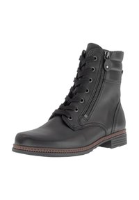 Bota de cuero negro hasta el tobillo con cremallera lateral, cordones frontales, cuello acolchado y ribete marrón cosido a lo largo de la suela.