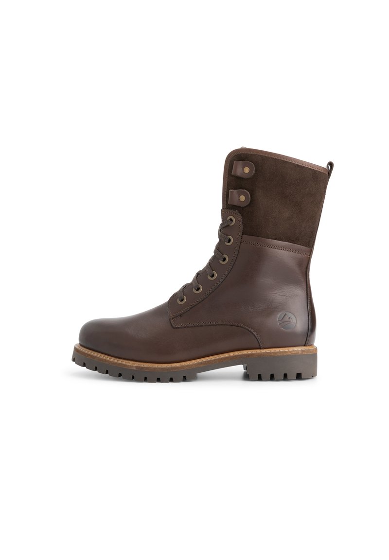 Bruine leren en suede enkellaarzen met metalen oogjes, ronde neus, gestructureerd oppervlak en rubberen zool met diepe profiel.