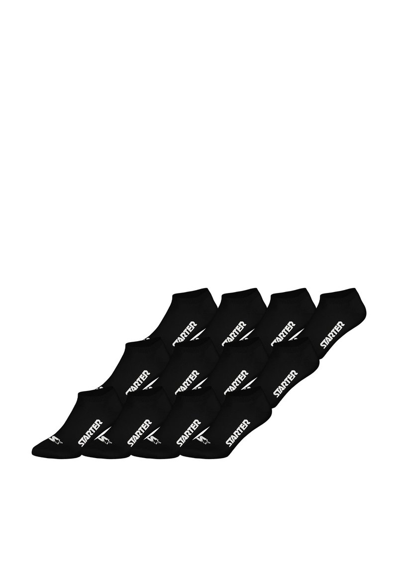 Schwarze Knöchelsocken, die in einem versetzten Muster angeordnet sind, mit weißem "Starter"-Logo und einer glatten, elastischen Textur.