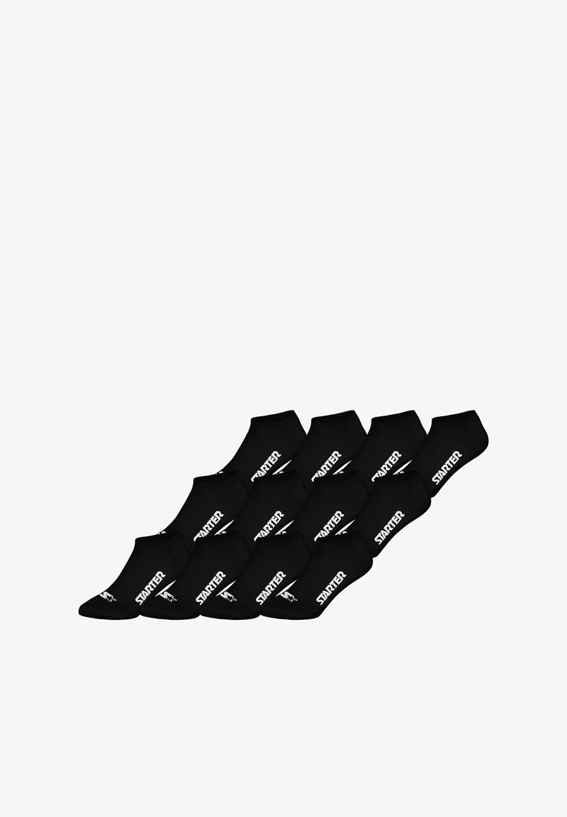 Schwarze Knöchelsocken, die in einem versetzten Muster angeordnet sind, mit weißem "Starter"-Logo und einer glatten, elastischen Textur.